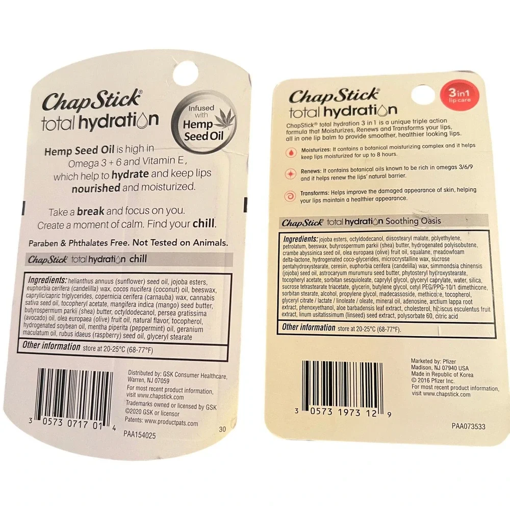 2 ChapSticks Total Hydration 3 in 1 Soothing Oasis + Calming Hemp Lip Balm Renew